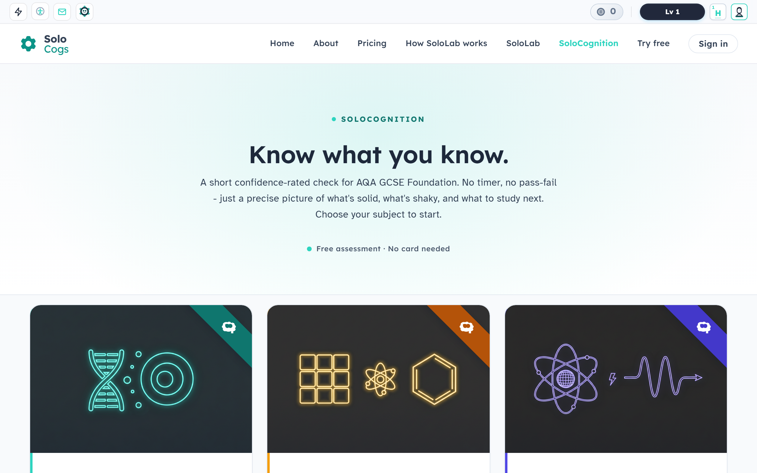 SoloCognition landing page with three subject cards and a plain-English explanation of the confidence-rated check.