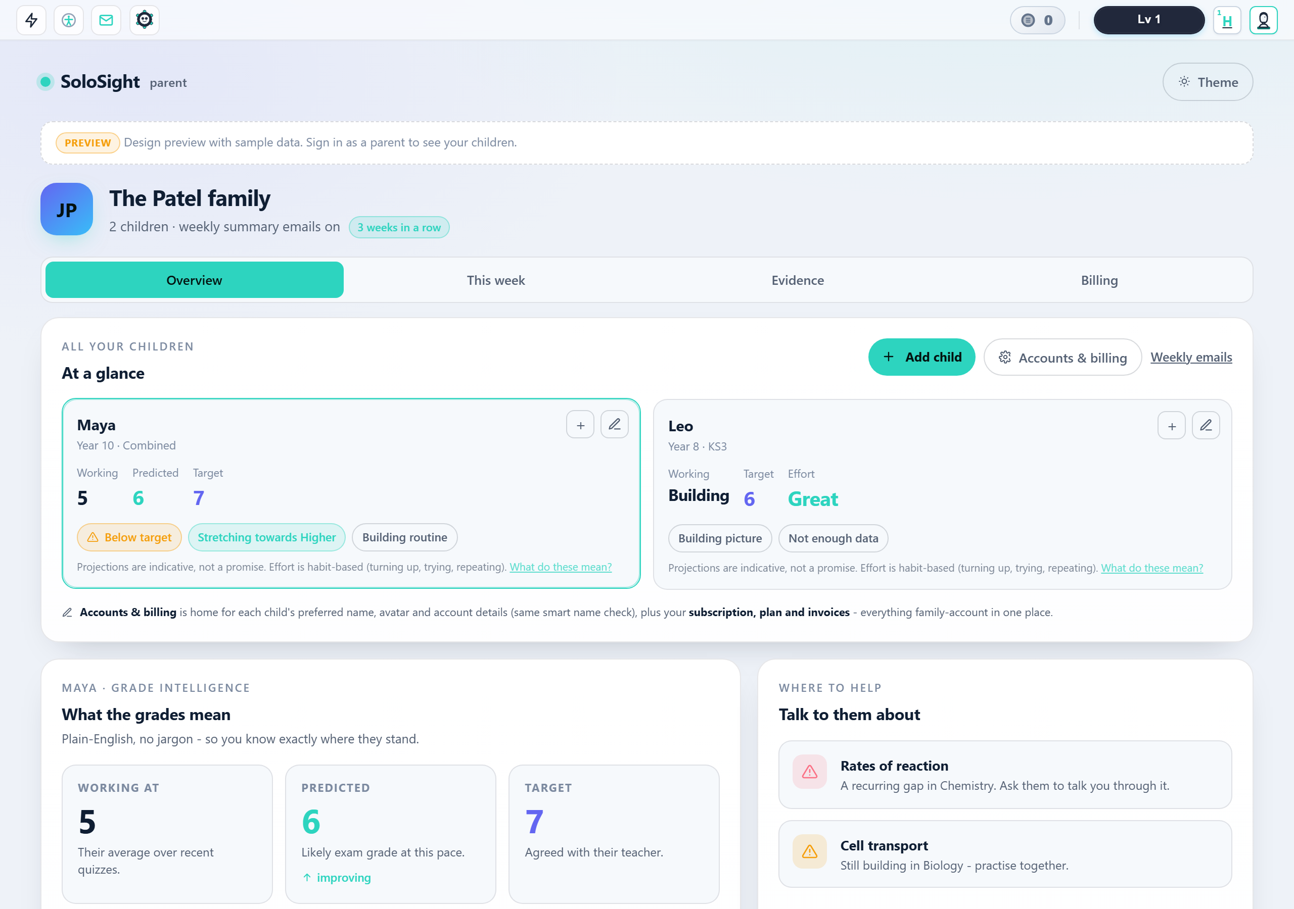 Parent SoloSight dashboard header with day-to-day cards for latest scientist met, XP level and day-streak, plus Atomic Vault progress.