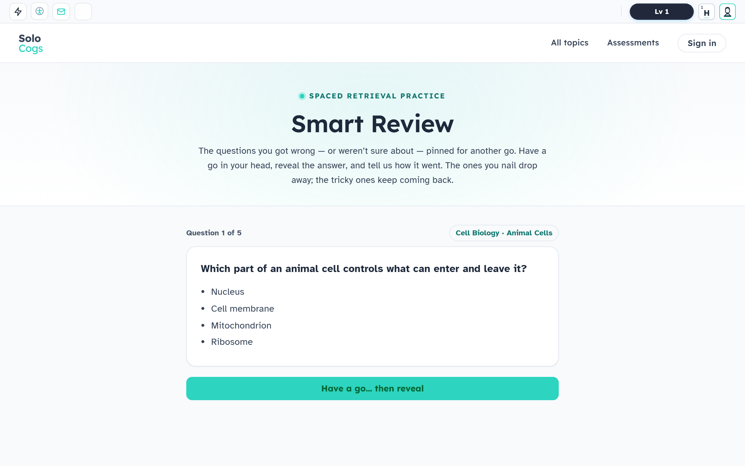 Smart Review page showing how the tricky questions from past quizzes are pinned for another go with spaced retrieval.