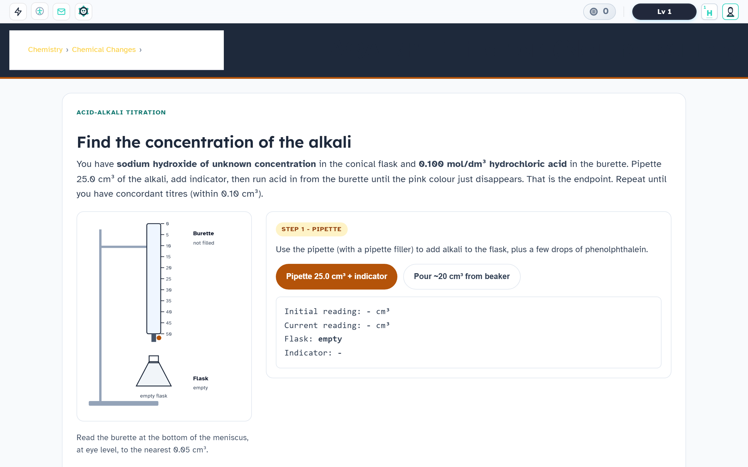 Interactive acid-alkali titration lab with a burette, conical flask, live readings and step-by-step pipette guidance.